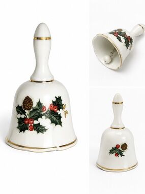Vintage Porcelain Christmas Bell Holly Berry Gold Trim Holiday Decor